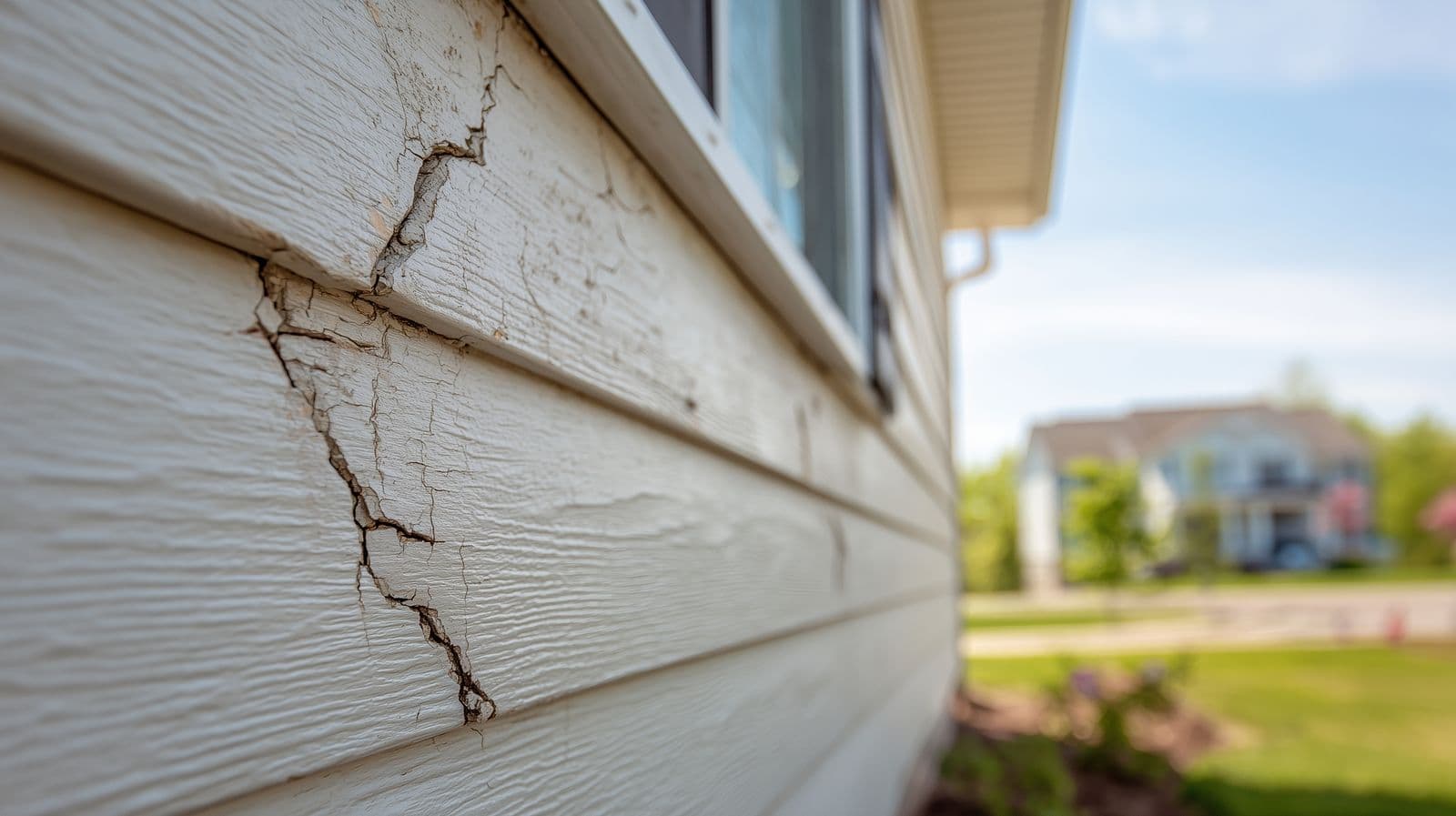 Close-up of vinyl siding on a suburban Illinois home showing cracked and loose panels after a summer storm