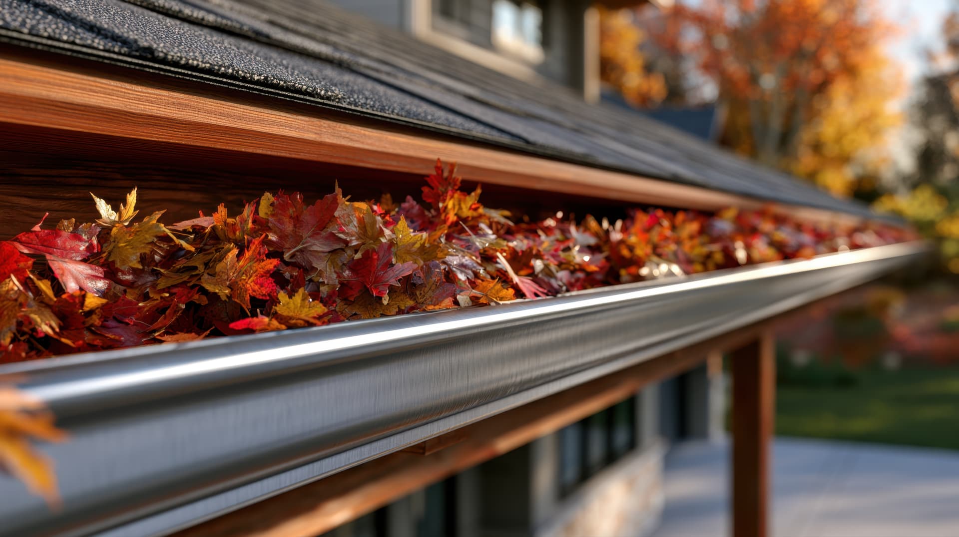 Autumn leaves overflowing from a clogged gutter on a suburban Chicago home